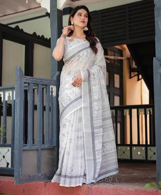 off white color Ready to wear saree with unstitched blouse 4