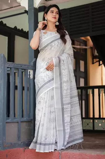 off white color Ready to wear saree with unstitched blouse