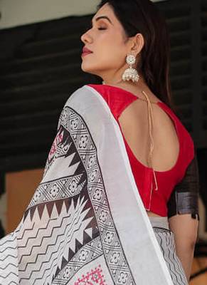 off white color Ready to wear saree with unstitched blouse 2
