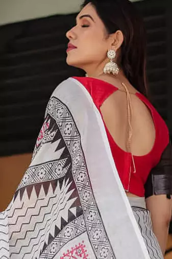 off white color Ready to wear saree with unstitched blouse