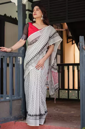 off white color Ready to wear saree with unstitched blouse