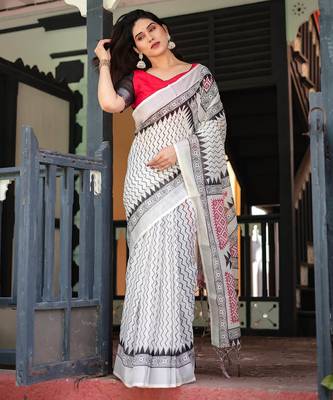 off white color Ready to wear saree with unstitched blouse 4