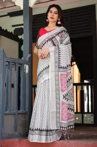 off white color Ready to wear saree with unstitched blouse