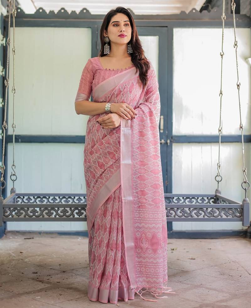 pink color Ready to wear saree with unstitched blouse