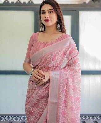 pink color Ready to wear saree with unstitched blouse 4