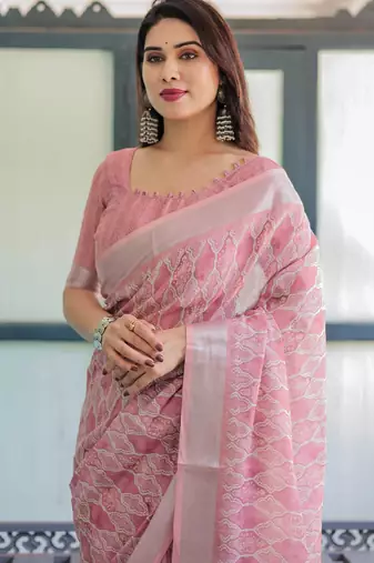 pink color Ready to wear saree with unstitched blouse