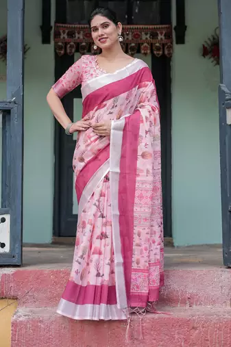 pink color Ready to wear saree with unstitched blouse