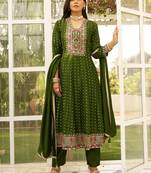 Floral embroidered silk blend v neck kurta trosuer & dupatta set