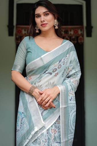 pastel green color Ready to wear saree with unstitched blouse