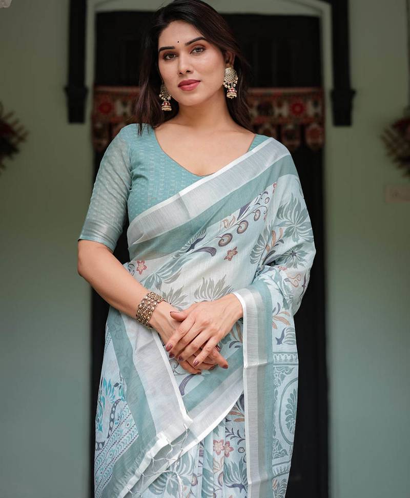 pastel green color Ready to wear saree with unstitched blouse