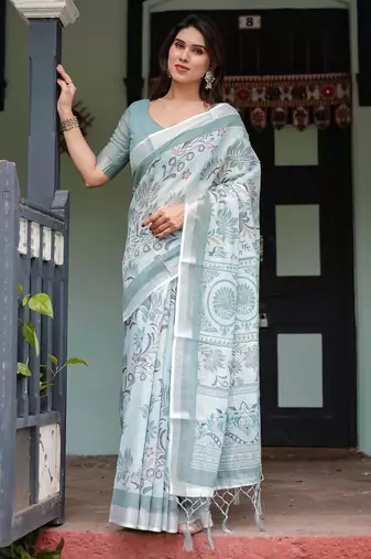 pastel green color Ready to wear saree with unstitched blouse