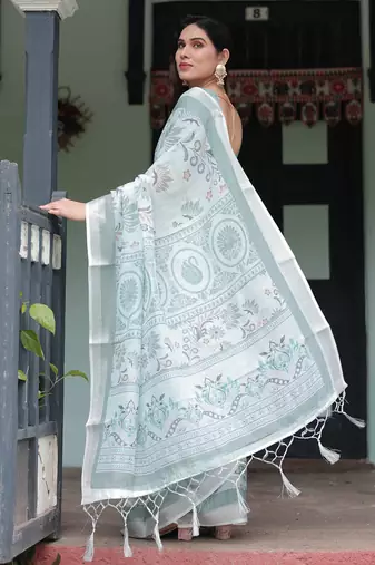 pastel green color Ready to wear saree with unstitched blouse