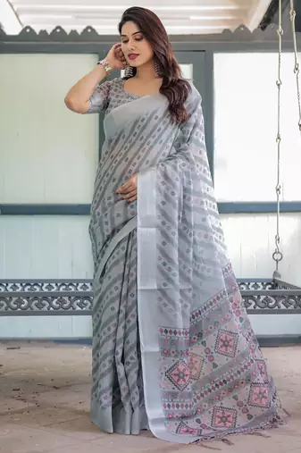 grey color Ready to wear saree with unstitched blouse