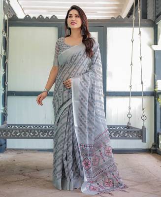 grey color Ready to wear saree with unstitched blouse 3