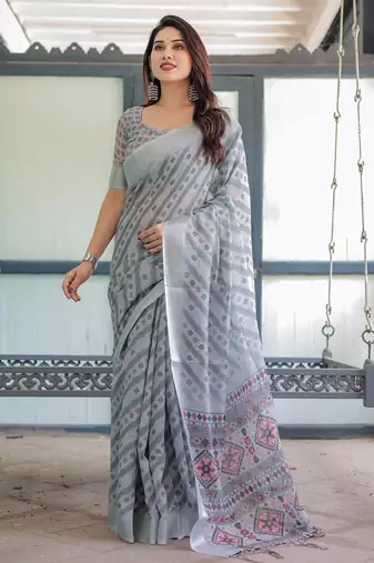 grey color Ready to wear saree with unstitched blouse