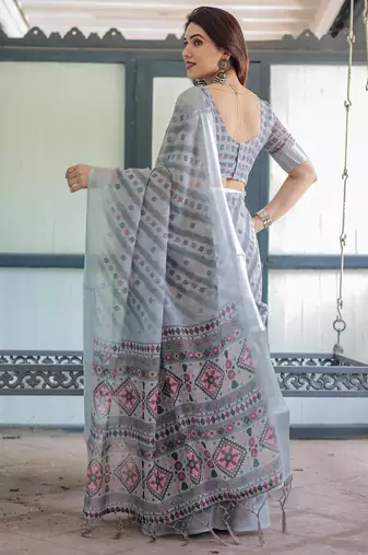 grey color Ready to wear saree with unstitched blouse