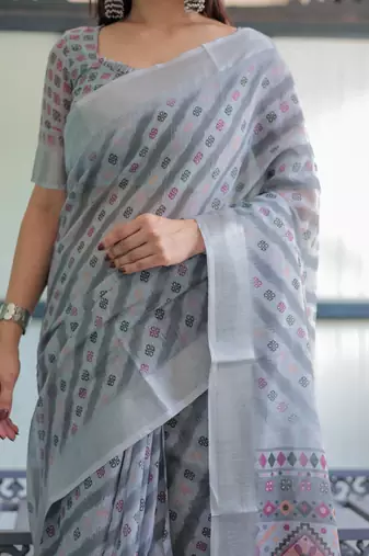 grey color Ready to wear saree with unstitched blouse