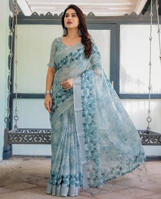 light blue color Ready to wear saree with unstitched blouse 1