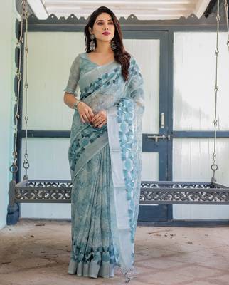 light blue color Ready to wear saree with unstitched blouse 2