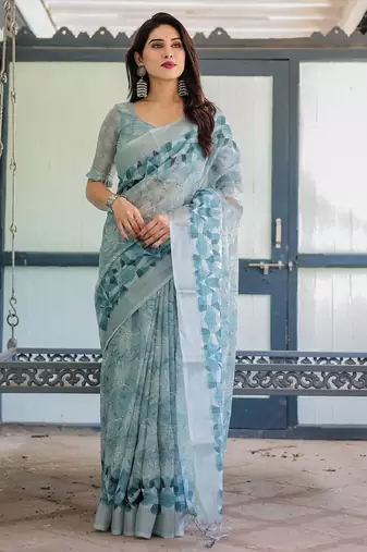 light blue color Ready to wear saree with unstitched blouse