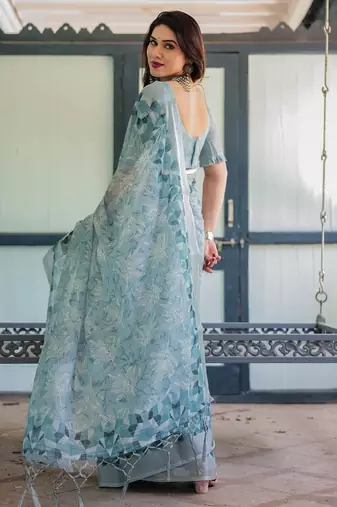 light blue color Ready to wear saree with unstitched blouse