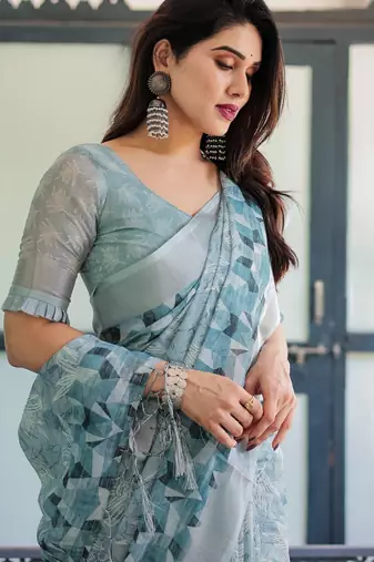 light blue color Ready to wear saree with unstitched blouse