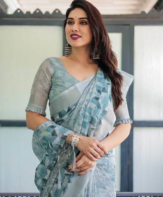 light blue color Ready to wear saree with unstitched blouse 5