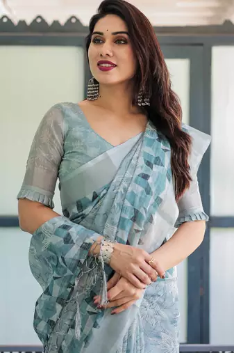 light blue color Ready to wear saree with unstitched blouse