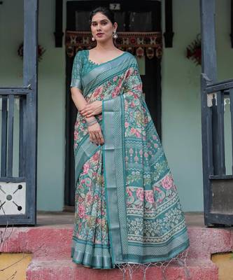 teal green colour Ready to wear saree with unstitched blouse 1
