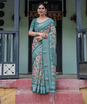 teal green colour Ready to wear saree with unstitched blouse 2