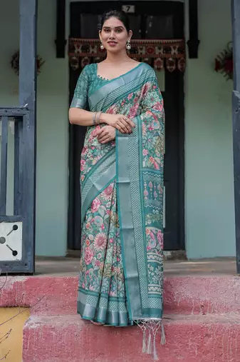 teal green colour Ready to wear saree with unstitched blouse