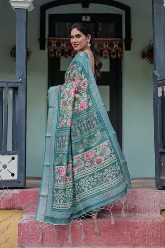 teal green colour Ready to wear saree with unstitched blouse