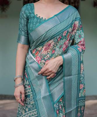 teal green colour Ready to wear saree with unstitched blouse 4