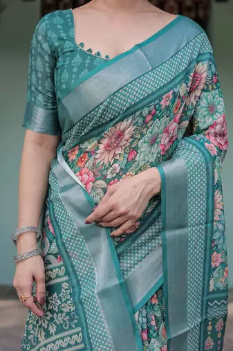 teal green colour Ready to wear saree with unstitched blouse