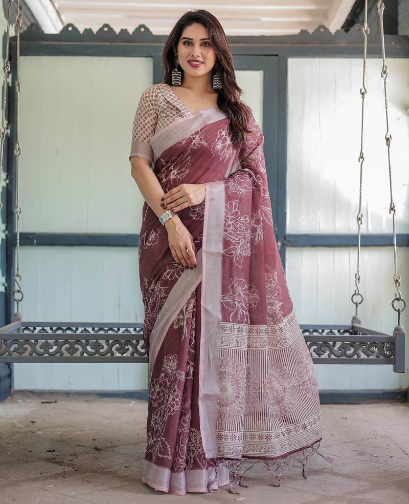 wine color Ready to wear saree with unstitched blouse