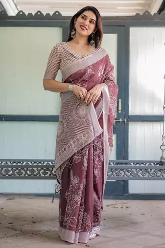wine color Ready to wear saree with unstitched blouse