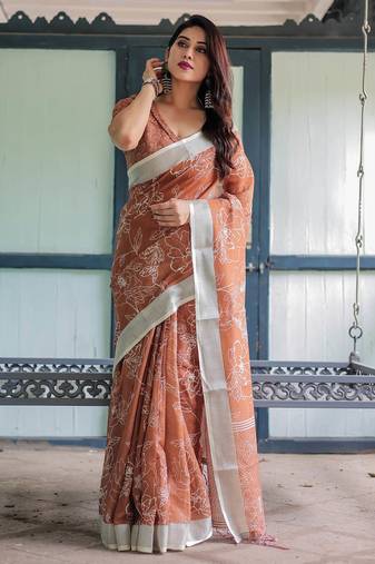 orange colour Ready to wear saree with unstitched blouse