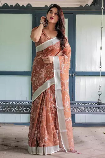 orange colour Ready to wear saree with unstitched blouse