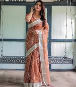 orange colour Ready to wear saree with unstitched blouse