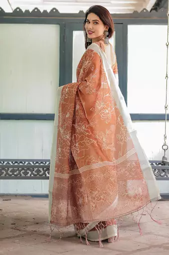 orange colour Ready to wear saree with unstitched blouse