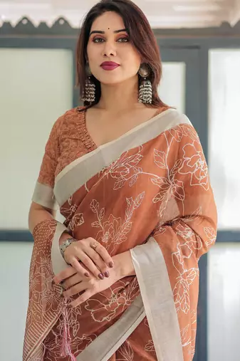 orange colour Ready to wear saree with unstitched blouse