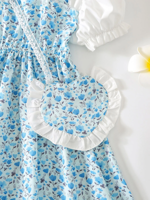 Blue floral print puff sleeve fit & flare girls dress with heart sling bag 5