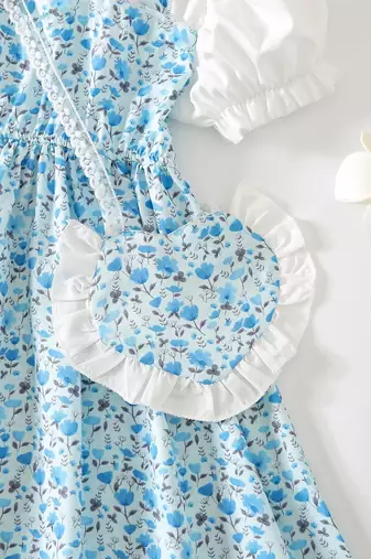 Blue floral print puff sleeve fit & flare girls dress with heart sling bag