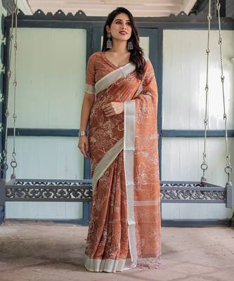orange colour Ready to wear saree with unstitched blouse 4