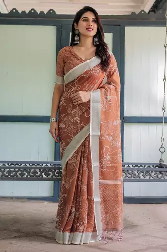 orange colour Ready to wear saree with unstitched blouse
