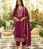 Floral embroidered silk blend v neck kurta trosuer & dupatta set