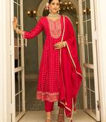 Floral embroidered silk blend v neck kurta trosuer & dupatta set