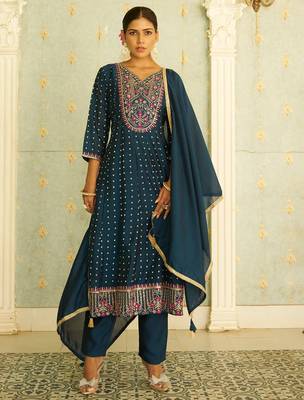Floral embroidered silk blend v neck kurta trosuer & dupatta set 1