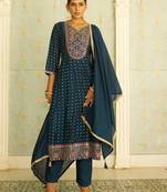 Floral embroidered silk blend v neck kurta trosuer & dupatta set