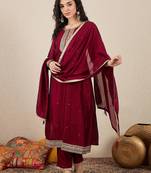 Floral embroidered silk blend round neck kurta trosuer & dupatta set